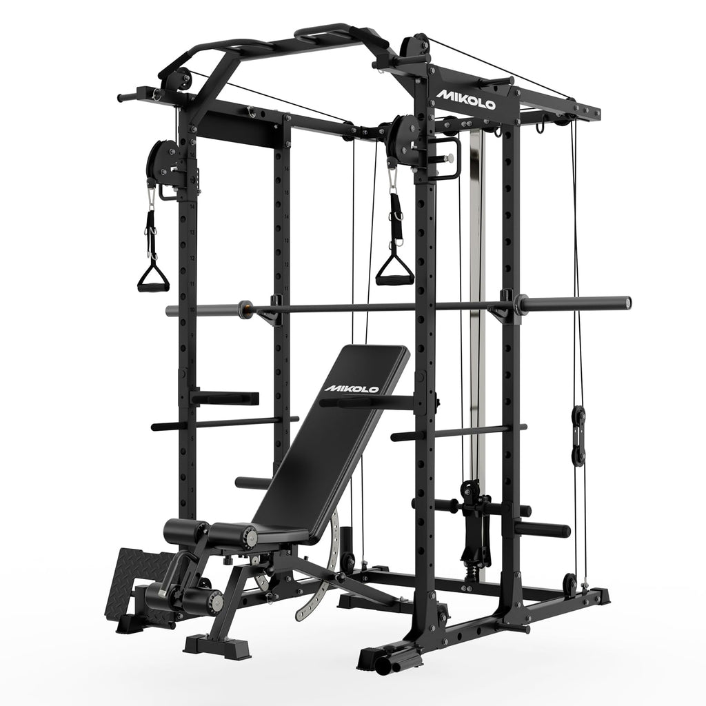 Mikolo Power Cage, Power Rack with Cable Crossover System, 1500LBS Squat Rack with LAT Pull Down System, Workout Cage with Pulley System for Fitness Home Gym