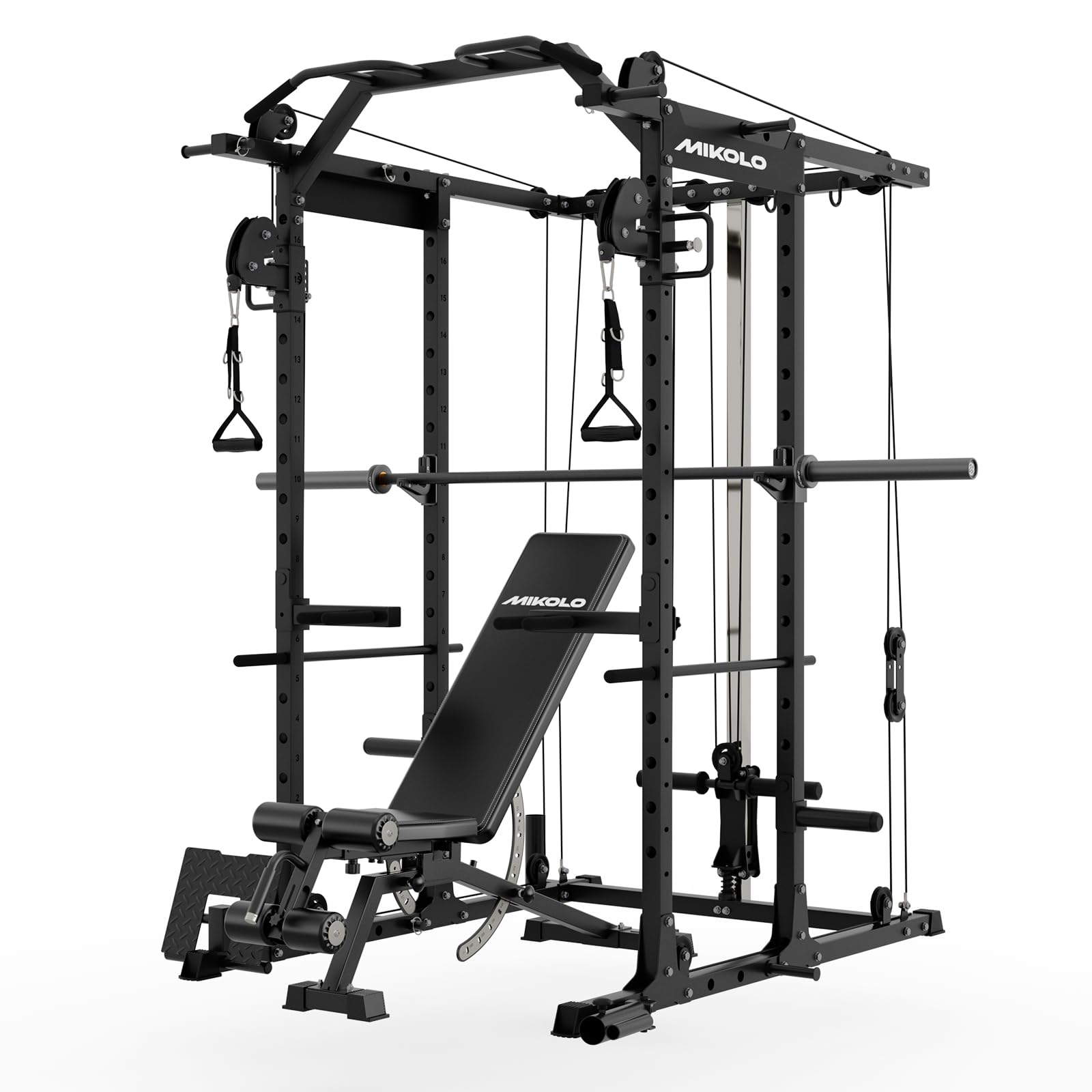 Mikolo Power Cage, Power Rack with Cable Crossover System, 1500LBS Squat Rack with LAT Pull Down System, Workout Cage with Pulley System for Fitness Home Gym