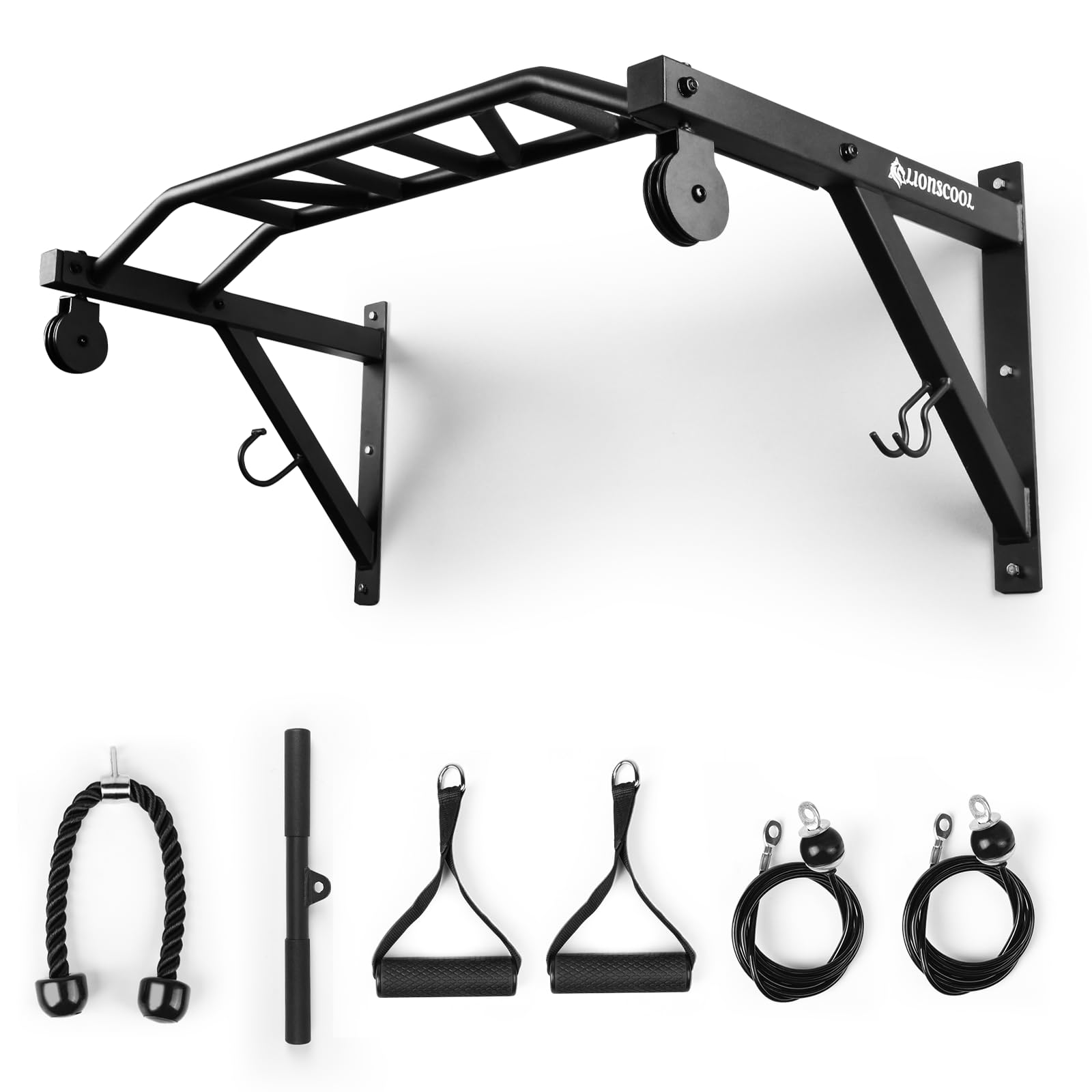 LIONSCOOL Multifunctional Wall Mounted Pull Up Bar with Pulley System, 48" and 16"/24" Multi-Grip Chin Up Bar, Cable Pulley Attachments Included, Perfect for Upper Body Workouts