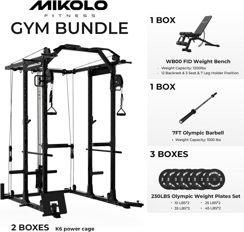Mikolo Power Cage, Power Rack with Cable Crossover System, 1500LBS Squat Rack with LAT Pull Down System, Workout Cage with Pulley System for Fitness Home Gym