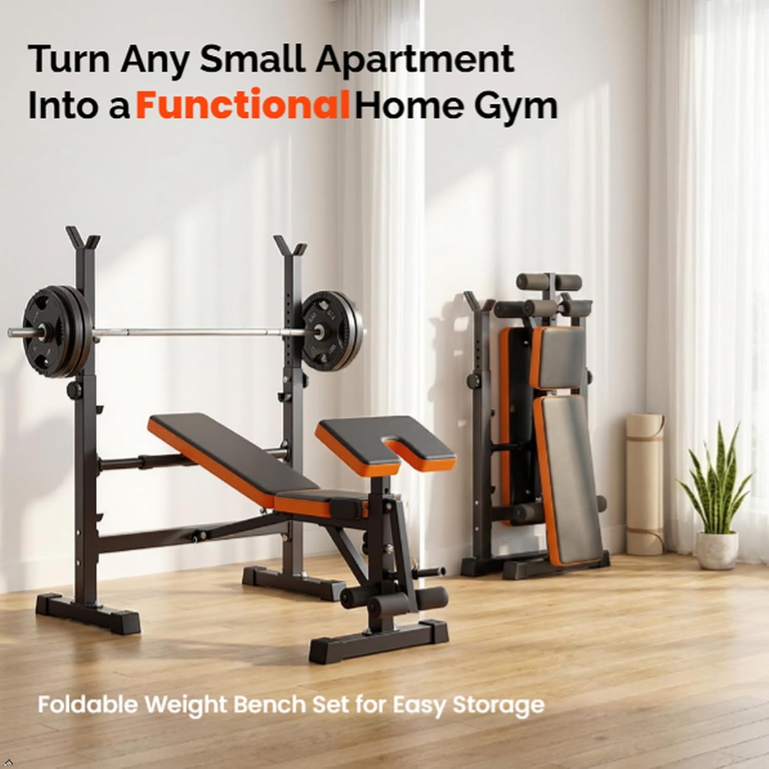6-in-1 Foldable Beginner Weight Bench with Squat Rack