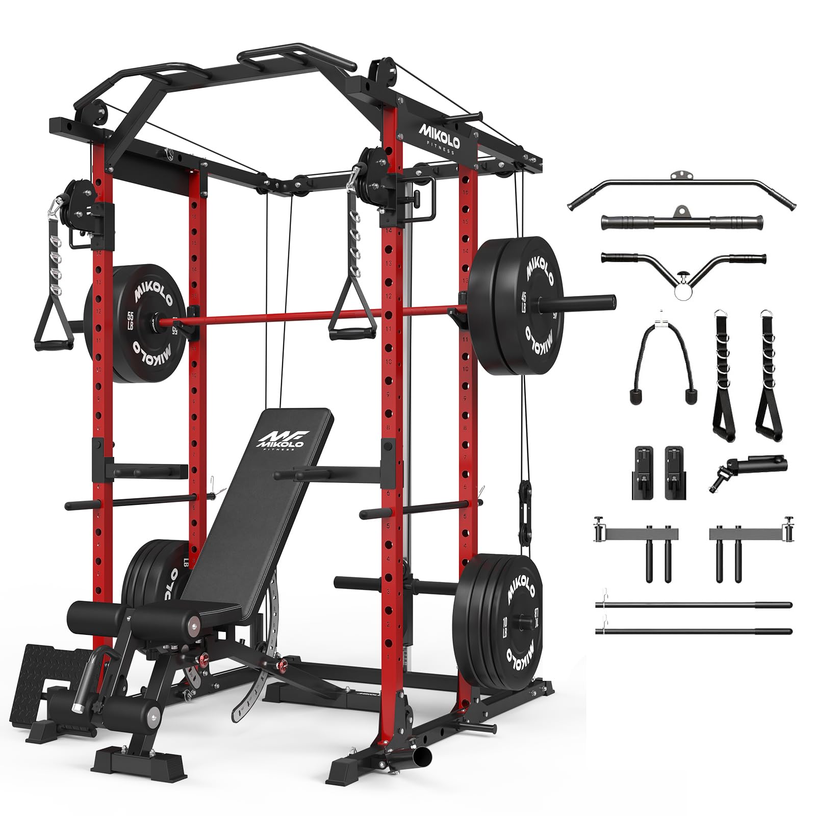 Mikolo Power Cage, Power Rack with Cable Crossover System, 1500LBS Squat Rack with LAT Pull Down System, Workout Cage with Pulley System for Fitness Home Gym