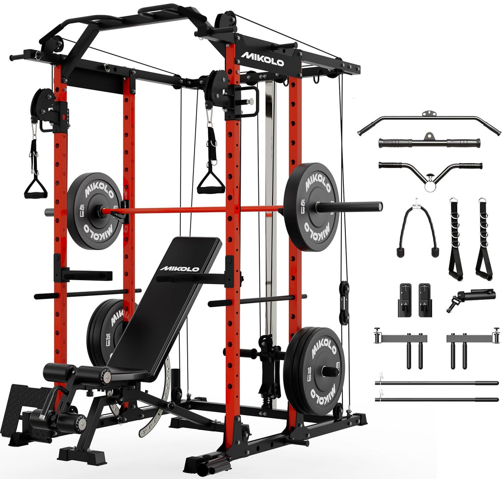 Mikolo Power Cage, Power Rack with Cable Crossover System, 1500LBS Squat Rack with LAT Pull Down System, Workout Cage with Pulley System for Fitness Home Gym