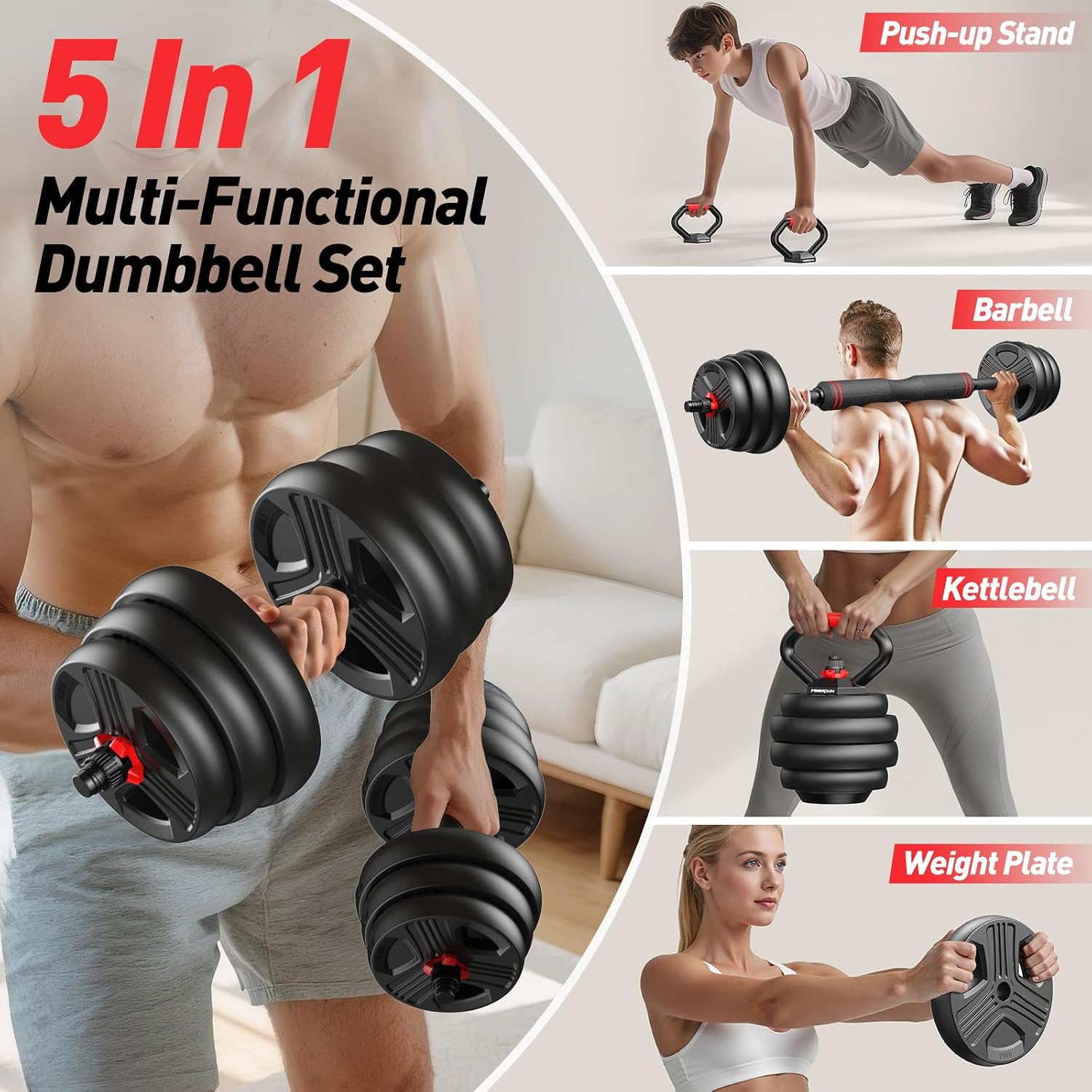 5-in-1 Multi-Use Adjustable Dumbbell Set with Upgraded Nut