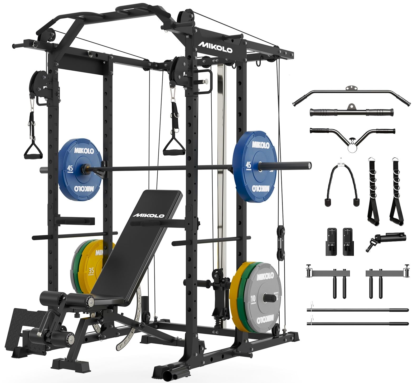 Mikolo Power Cage, Power Rack with Cable Crossover System, 1500LBS Squat Rack with LAT Pull Down System, Workout Cage with Pulley System for Fitness Home Gym