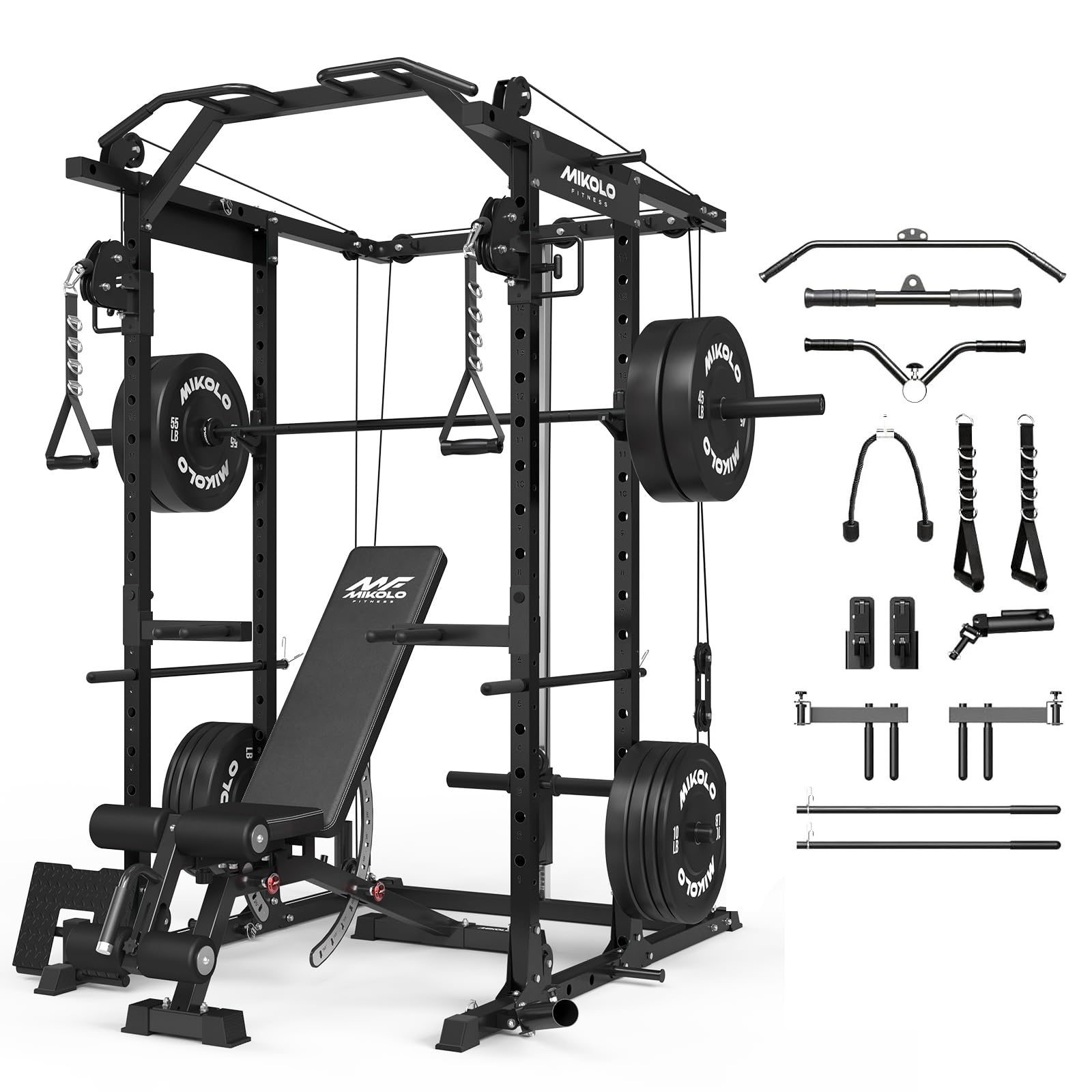 Mikolo Power Cage, Power Rack with Cable Crossover System, 1500LBS Squat Rack with LAT Pull Down System, Workout Cage with Pulley System for Fitness Home Gym