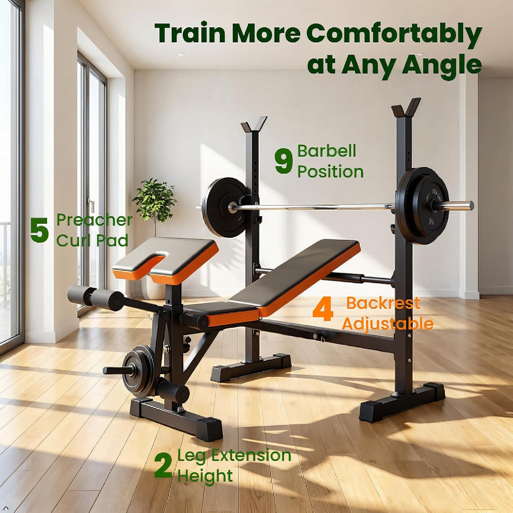 6-in-1 Foldable Beginner Weight Bench with Squat Rack