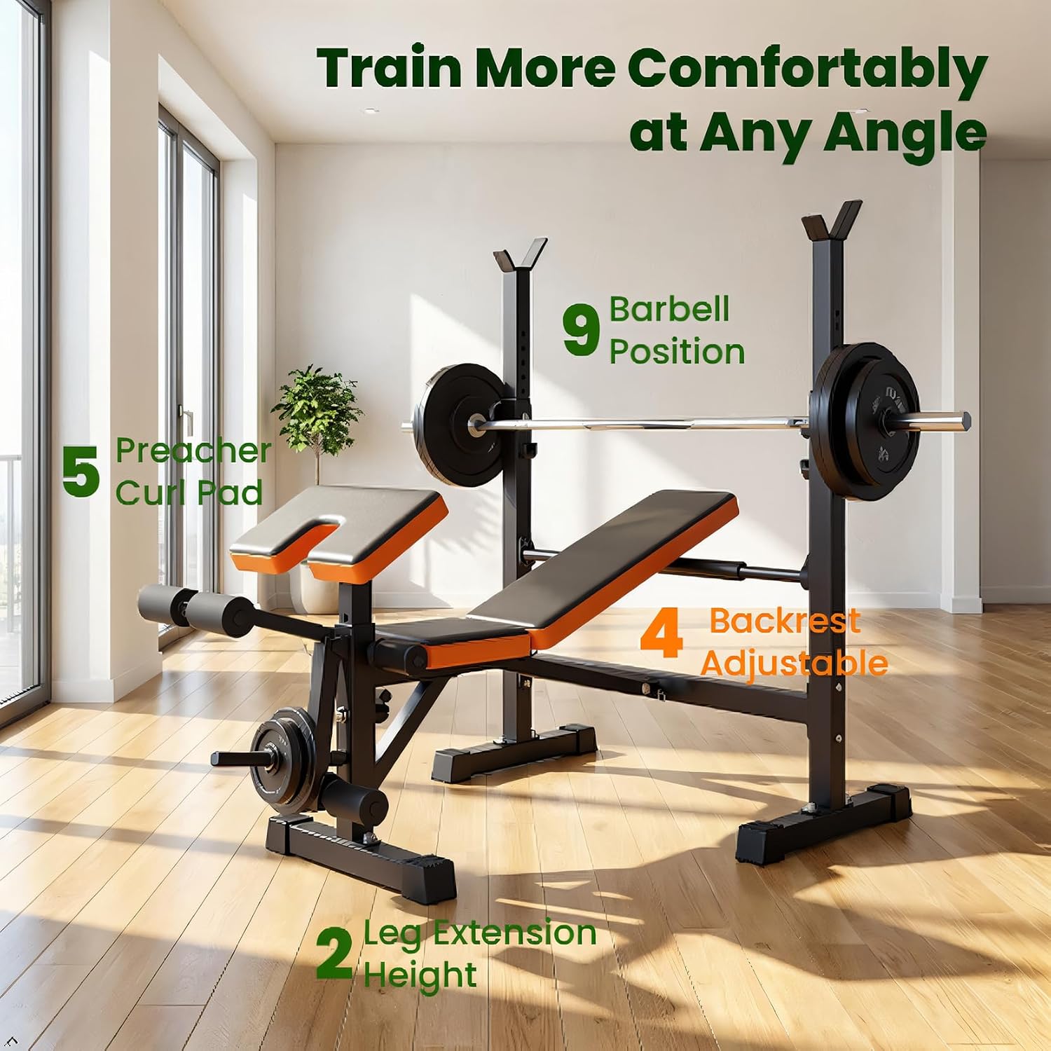 6-in-1 Foldable Beginner Weight Bench with Squat Rack