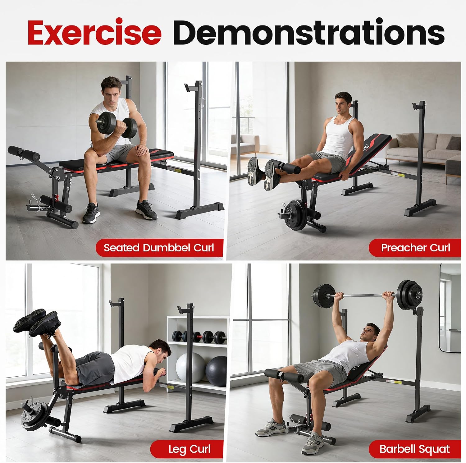 880LBS Fast Foldable Weight Bench with Barbell Rack & Leg Extension
