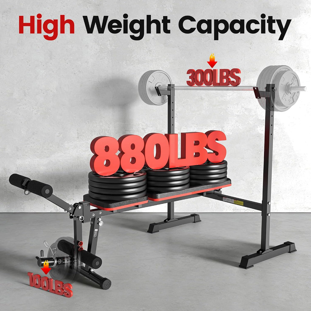 880LBS Fast Foldable Weight Bench with Barbell Rack & Leg Extension