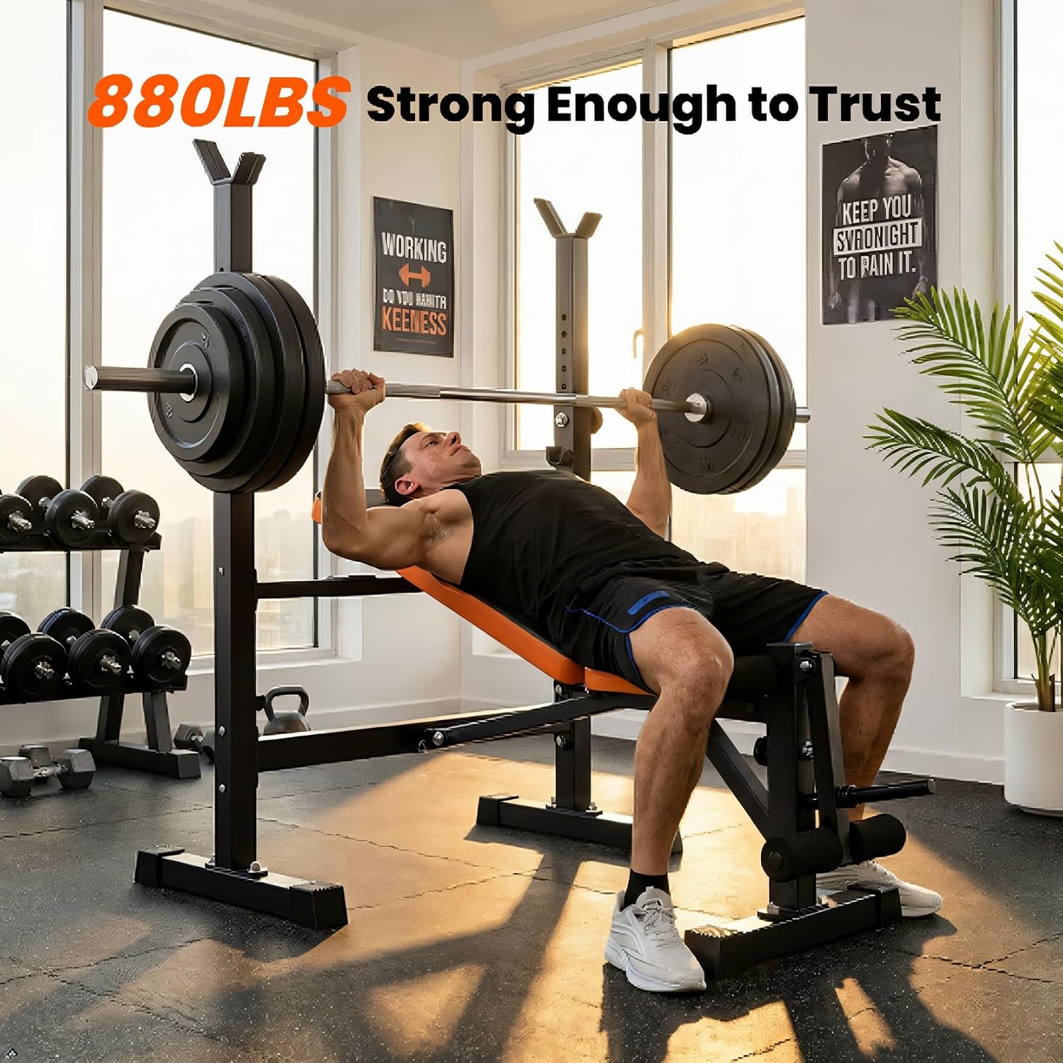 6-in-1 Foldable Beginner Weight Bench with Squat Rack