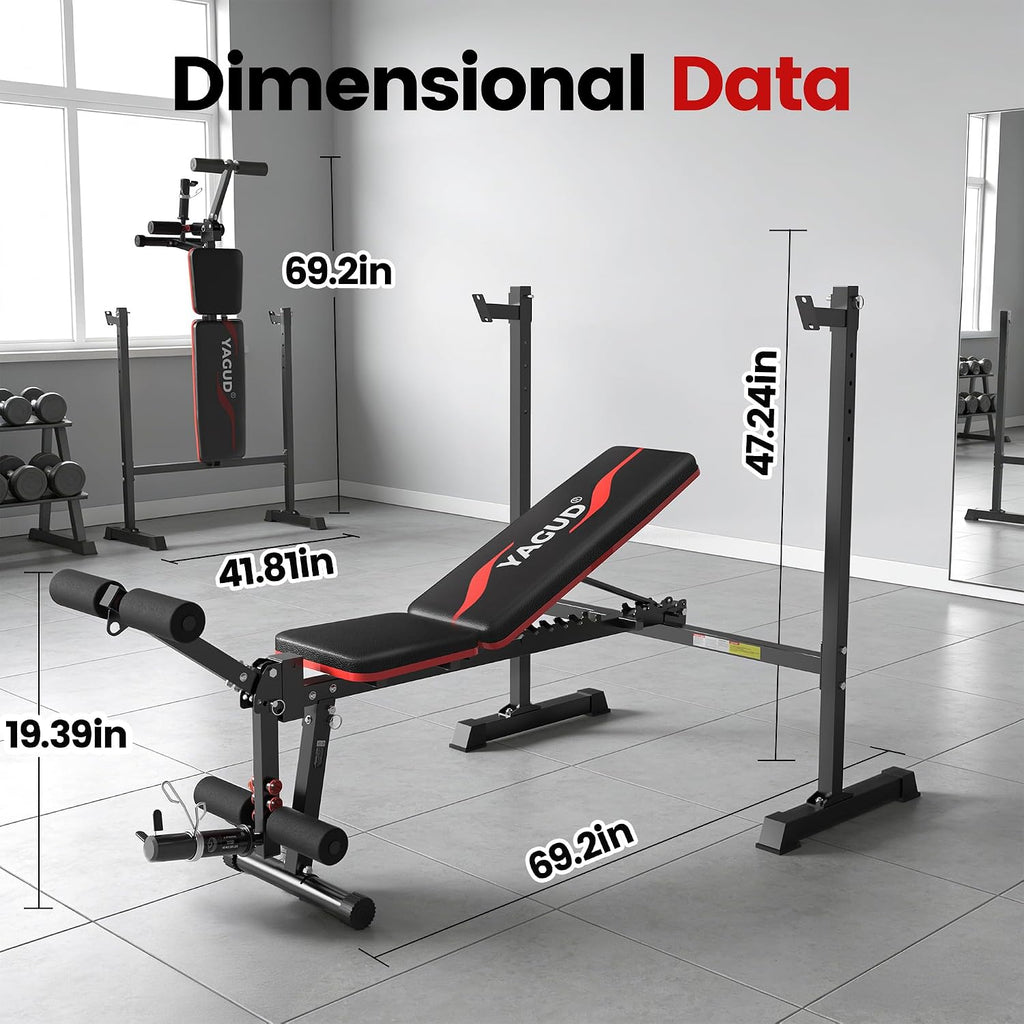880LBS Fast Foldable Weight Bench with Barbell Rack & Leg Extension